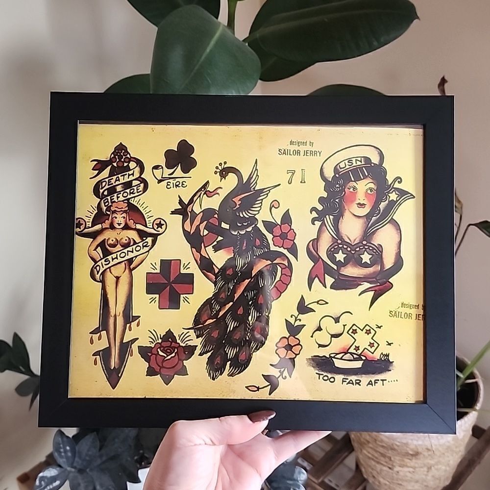 Framed American Traditional Tattoo Flash Art Print, 8x10